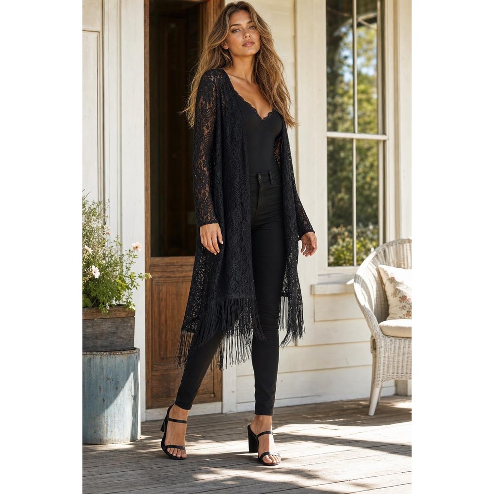 Questions Lace Cardigan Womens S Black Floral Fringe Duster Boho Goth Whimsigoth